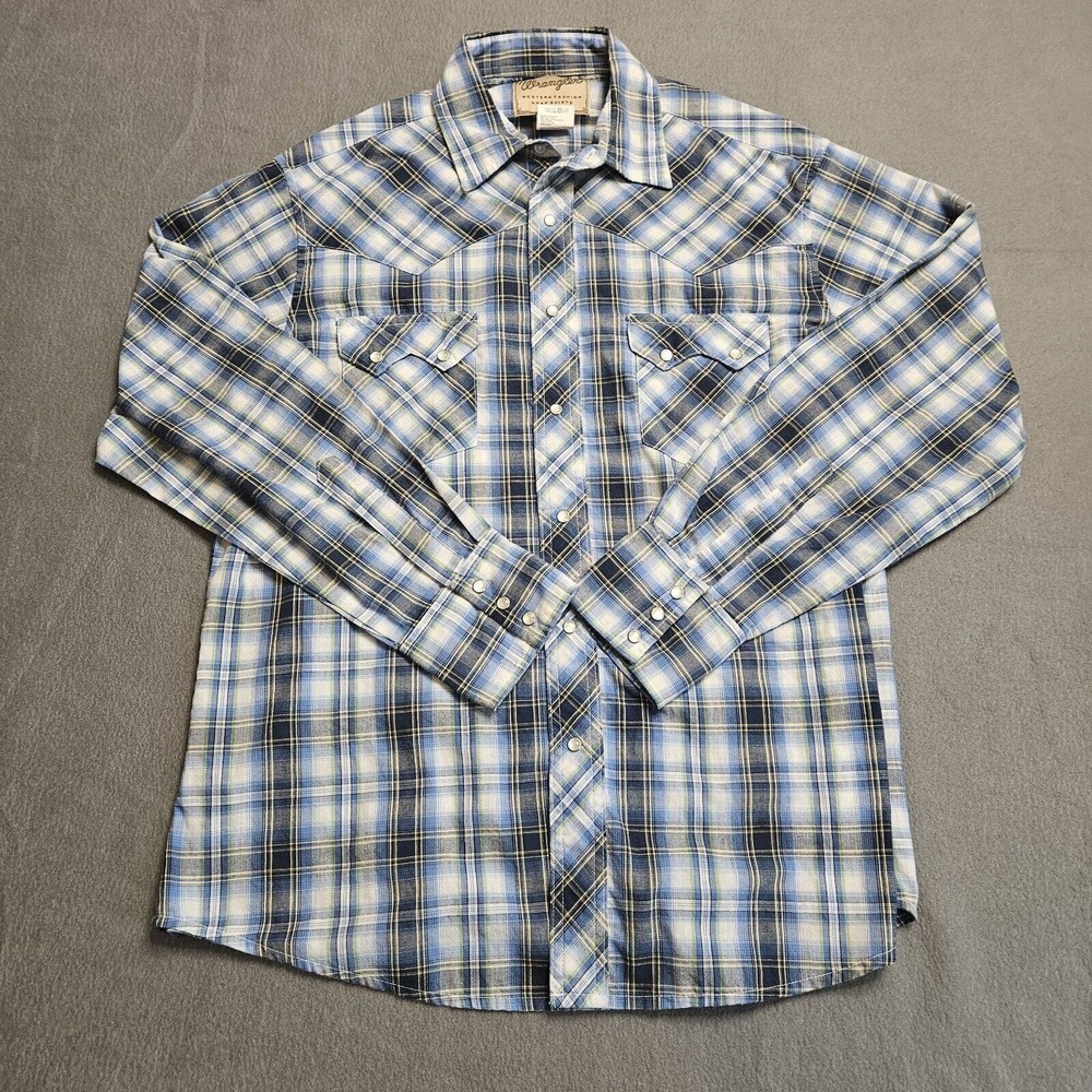 Wrangler Pearl Snap Shirt  Button Down Large Blue Western Fashion